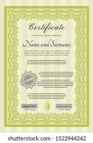 Yellow Diploma. With guilloche pattern. Vector illustration. Sophisticated design. 