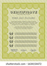 Yellow Diploma. Lovely design. Vector illustration. With great quality guilloche pattern. 