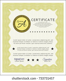 Yellow Diploma. Money Pattern design. With great quality guilloche pattern. Vector illustration. 