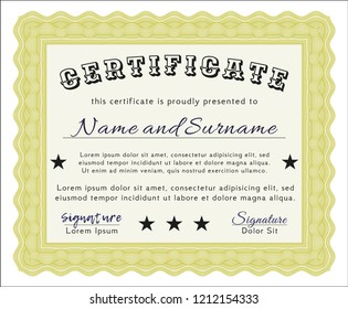 Yellow Diploma. Money Pattern. Vector illustration. With guilloche pattern and background. 