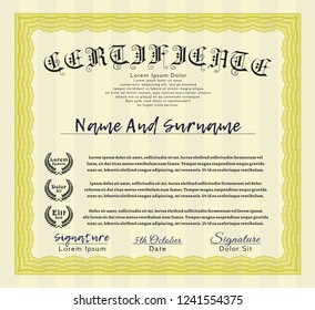 Yellow Diploma. Money style design. With complex linear background. Vector illustration. 