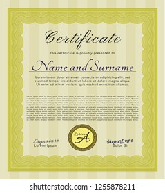 Yellow Diploma. Money style design. Vector illustration. With complex linear background. 