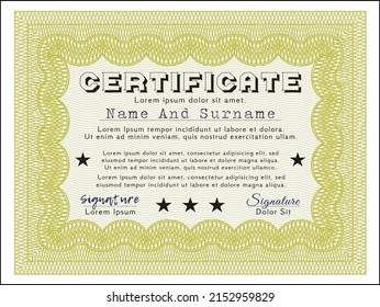 Yellow Diploma.  Money style design.  With guilloche pattern and background.  Customizable, Easy to edit and change colors. 
