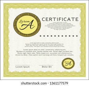 Yellow Diploma. Sophisticated design. Detailed. With guilloche pattern and background. 