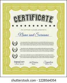 Yellow Diploma template. With background. Detailed. Modern design. 