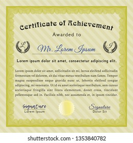 Yellow Diploma template or certificate template. Artistry design. With complex linear background. Vector illustration. 