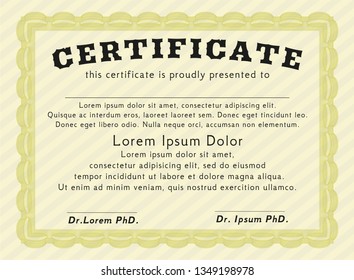 Yellow Diploma template or certificate template. With background. Money Pattern. Vector illustration. 