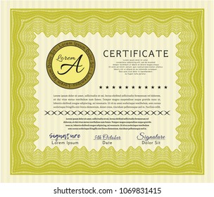Yellow Diploma template or certificate template. With complex linear background. Detailed. Money style design. 