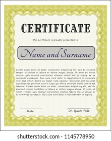 Yellow Diploma template or certificate template. Complex background. Money Pattern design. Customizable, Easy to edit and change colors. 