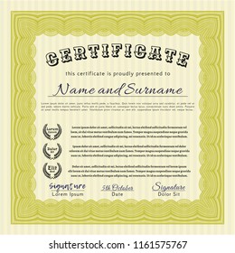 Yellow Diploma template or certificate template. With complex linear background. Vector illustration. Beauty design. 