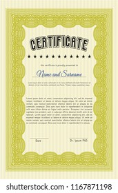 Yellow Diploma template or certificate template. With complex linear background. Money Pattern. Customizable, Easy to edit and change colors. 