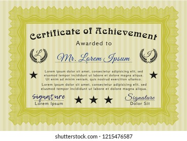 Yellow Diploma template or certificate template. With complex background. Vector illustration. Elegant design. 