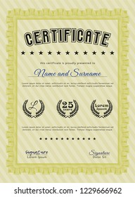 Yellow Diploma template or certificate template. Complex background. Money style design. Vector illustration. 
