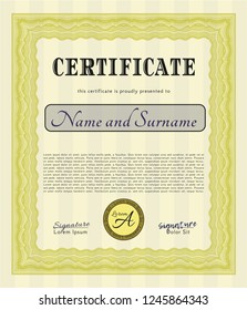 Yellow Diploma template or certificate template. With complex background. Lovely design. Detailed. 