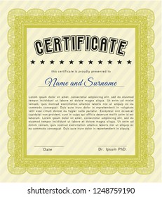 Yellow Diploma template or certificate template. With complex background. Artistry design. Vector illustration. 