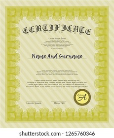 Yellow Diploma template or certificate template. With complex background. Detailed. Nice design. 