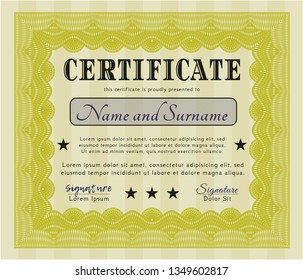 Yellow Diploma template or certificate template. With complex linear background. Money Pattern. Detailed. 