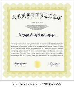 Yellow Diploma template or certificate template. Complex background. Detailed. Money Pattern. 