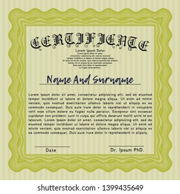 Yellow Diploma template or certificate template. With complex background. Detailed. Superior design. 