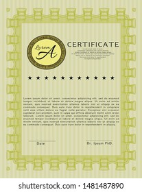 Yellow Diploma template or certificate template. With complex background. Vector illustration. Good design. 