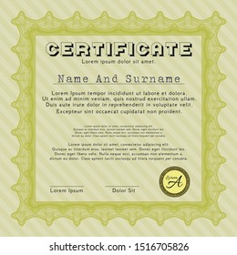 Yellow Diploma template or certificate template. With complex background. Money design. Vector illustration. 