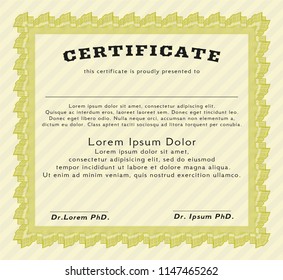 Yellow Diploma template or certificate template. Detailed. Printer friendly. Artistry design. 