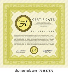 Yellow Diploma template or certificate template. Easy to print. Money Pattern design. Detailed. 