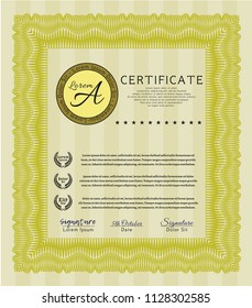 Yellow Diploma template or certificate template. With great quality guilloche pattern. Elegant design. Detailed. 