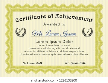 Yellow Diploma template or certificate template. With great quality guilloche pattern. Detailed. Retro design. 