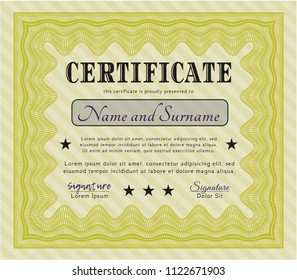 Yellow Diploma template or certificate template. With guilloche pattern and background. Vector illustration. Money design. 