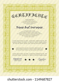 Yellow Diploma template or certificate template. With guilloche pattern and background. Sophisticated design. Customizable, Easy to edit and change colors. 