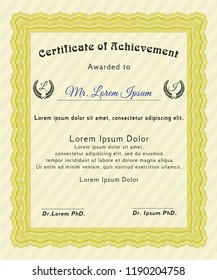 Yellow Diploma template or certificate template. With guilloche pattern and background. Vector illustration. Modern design. 