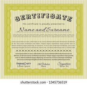 Yellow Diploma template or certificate template. With guilloche pattern. Detailed. Nice design. 