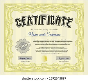 Yellow Diploma template or certificate template. With guilloche pattern and background. Perfect design. Detailed. 
