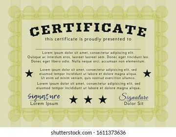 Yellow Diploma template or certificate template. With guilloche pattern and background. Customizable, Easy to edit and change colors. Perfect design. 