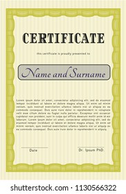 Yellow Diploma template or certificate template. With linear background. Money design. Detailed. 