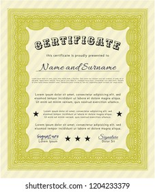 Yellow Diploma template or certificate template. With linear background. Vector illustration. Perfect design. 