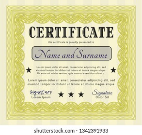 Yellow Diploma template or certificate template. With linear background. Money Pattern. Detailed. 