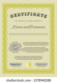 Yellow Diploma template or certificate template. With linear background. Artistry design. Vector illustration. 