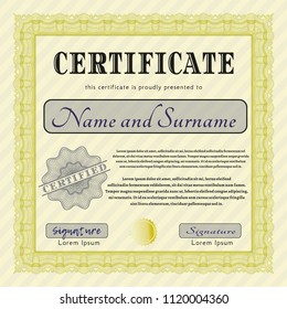 Yellow Diploma template or certificate template. Money design. Customizable, Easy to edit and change colors. Complex background. 