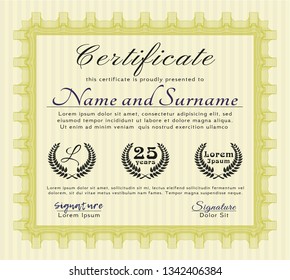 Yellow Diploma template or certificate template. Money Pattern design. Customizable, Easy to edit and change colors. With guilloche pattern. 