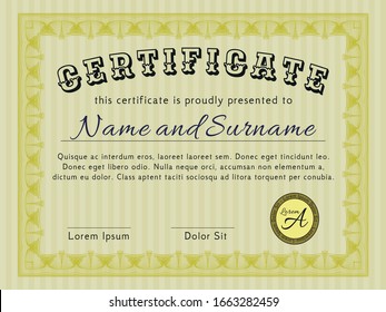Yellow Diploma template or certificate template. Money style design. With complex linear background. Vector illustration. 