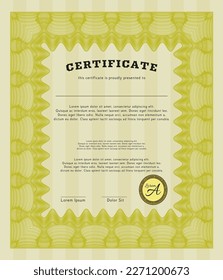 Yellow Diploma template or certificate template.  Money Pattern.  With complex background.  Vector illustration. 