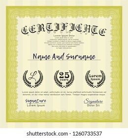 Yellow Diploma template or certificate template. Nice design. With guilloche pattern and background. Detailed. 