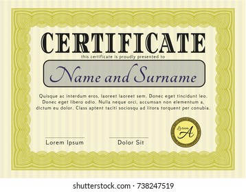 Yellow Diploma template or certificate template. Nice design. With guilloche pattern. Detailed. 