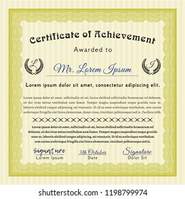 Yellow Diploma template or certificate template. Perfect design. With guilloche pattern. Vector illustration. 