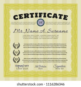 Yellow Diploma template or certificate template. Printer friendly. Vector illustration. Perfect design. 