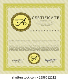 Yellow Diploma template or certificate template. Printer friendly. Vector illustration. Money design. 