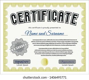Yellow Diploma template or certificate template. Printer friendly. Vector illustration. Money style design. 
