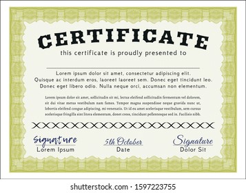 Yellow Diploma template or certificate template. Printer friendly. Detailed. Money Pattern. 